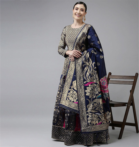Navy Blue & Gold-Coloured Semi-Stitched Lehenga & Unstitched Blouse With Dupatta